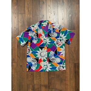 Vintage Short Sleeve Button Up Jewel Kaleidoscope Sun Face Impressions CA Medium